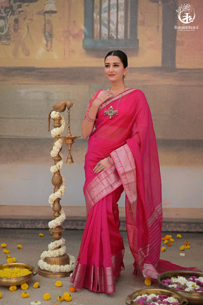 Bhadra - Pink Plain Handwoven Silk Cotton Saree With Silver Zari Kanchi Border-Rutambhara-RUTAMBHARA