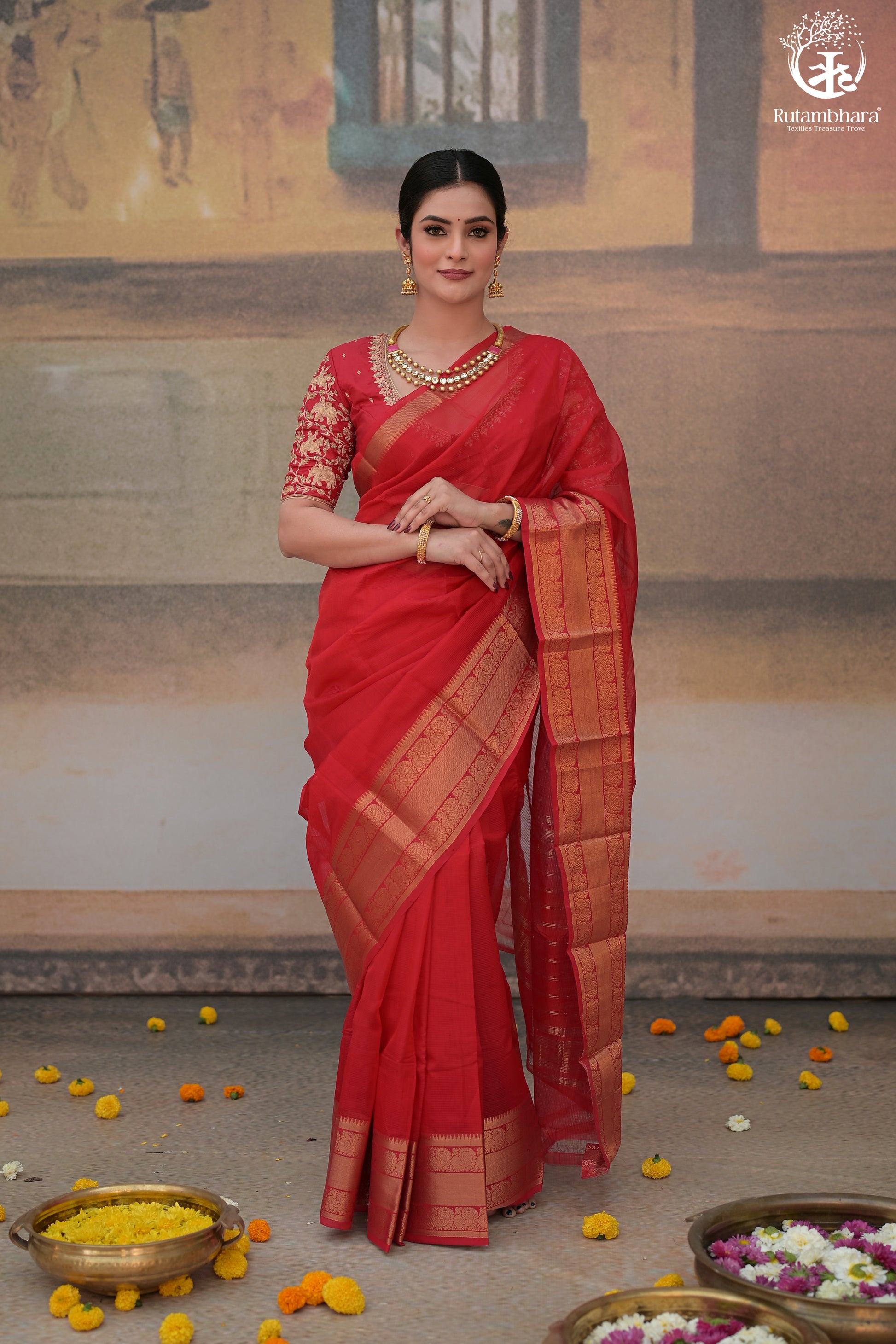 Bhadra - Red Plain Handwoven Silk Cotton Saree With Gold Zari Kanchi Border-Rutambhara-RUTAMBHARA
