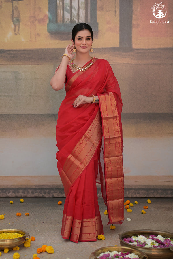 Bhadra - Red Plain Handwoven Silk Cotton Saree With Gold Zari Kanchi Border-Rutambhara-RUTAMBHARA