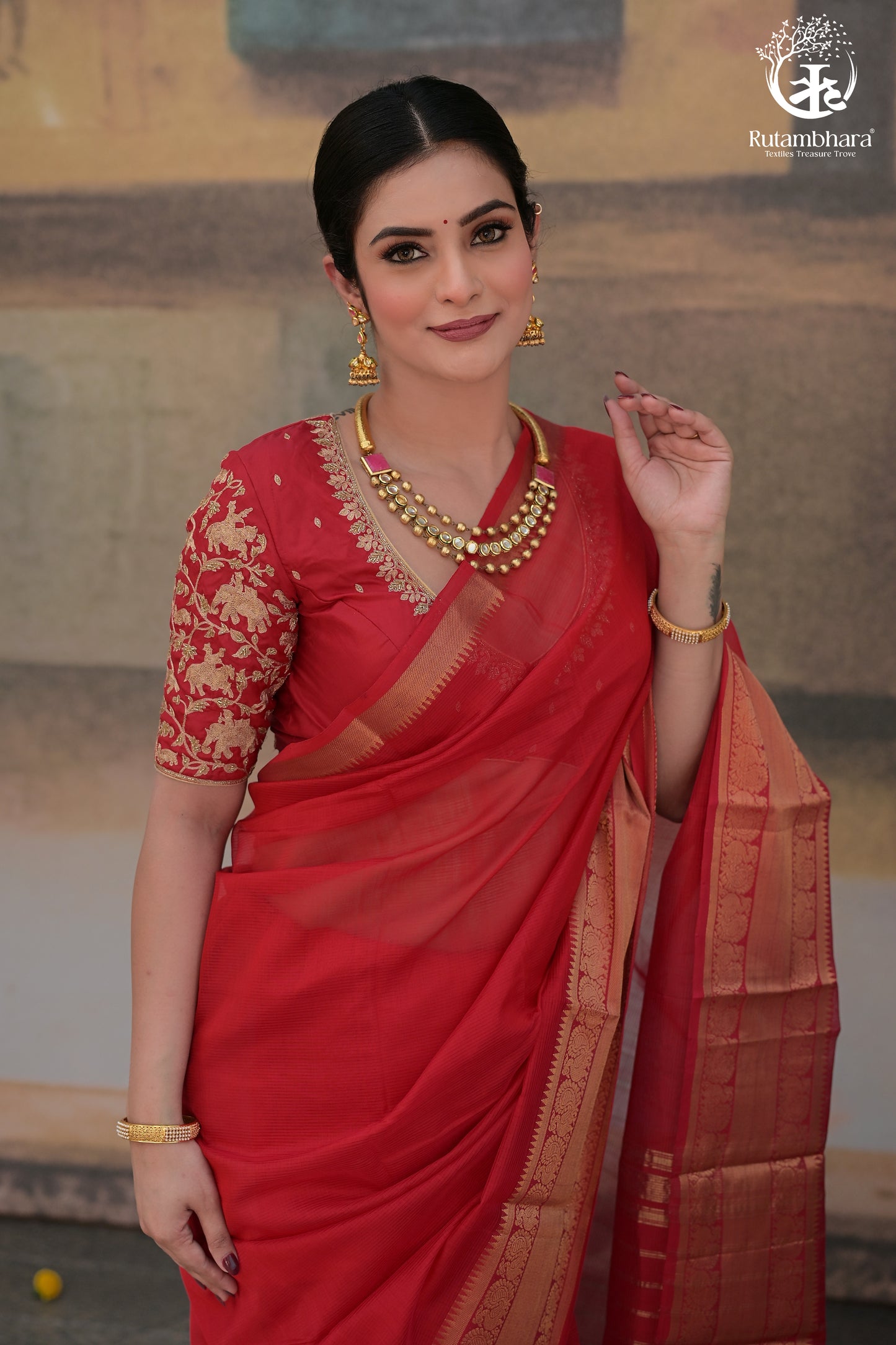 Bhadra - Red Plain Handwoven Silk Cotton Saree With Gold Zari Kanchi Border