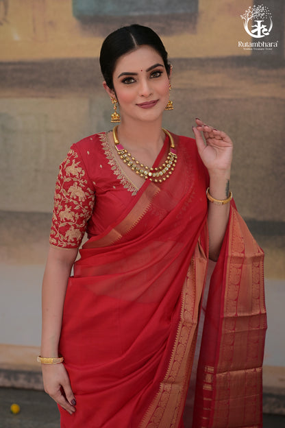 Bhadra - Red Plain Handwoven Silk Cotton Saree With Gold Zari Kanchi Border-Rutambhara-RUTAMBHARA