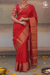 Bhadra - Red Plain Handwoven Silk Cotton Saree With Gold Zari Kanchi Border