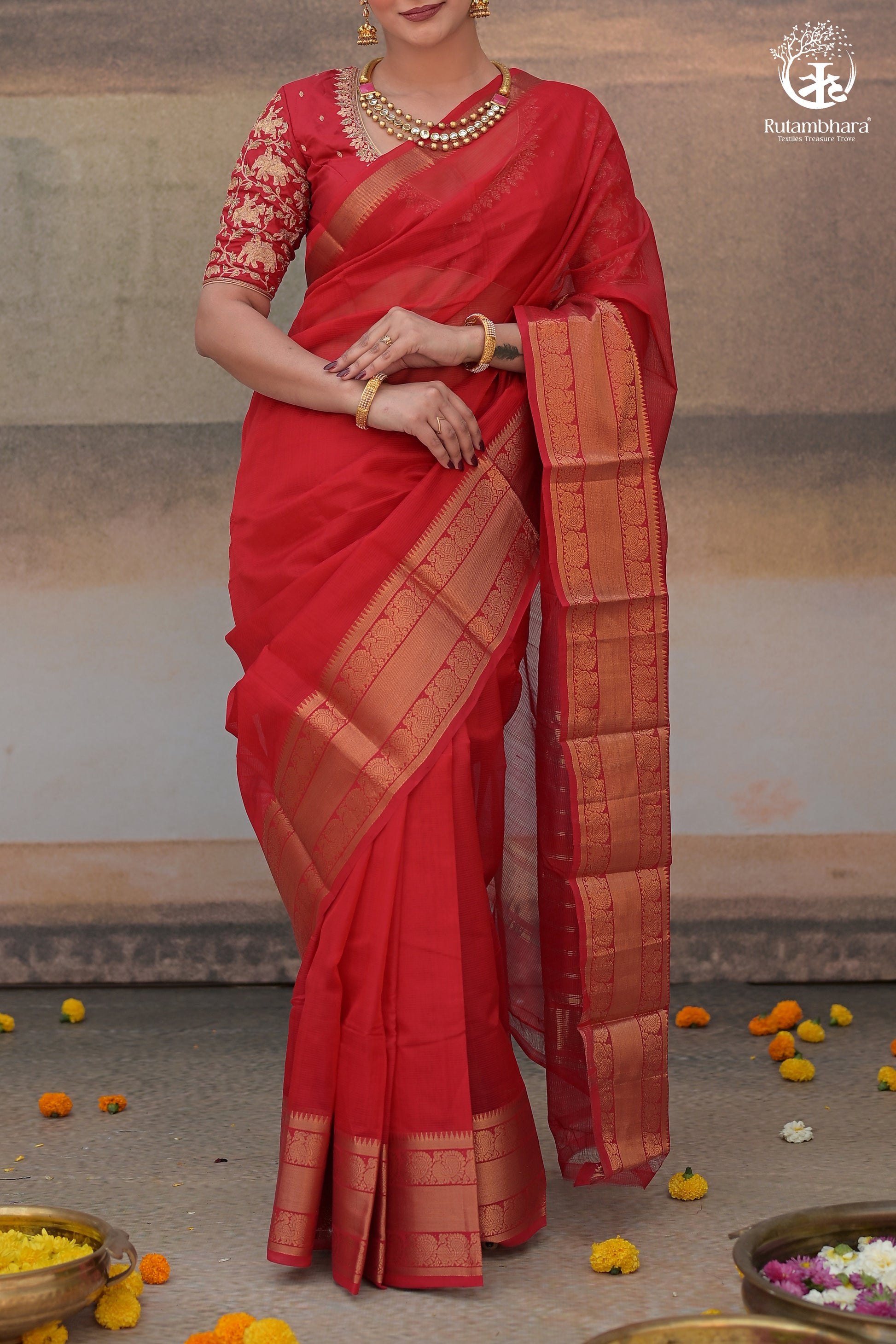 Bhadra - Red Plain Handwoven Silk Cotton Saree With Gold Zari Kanchi Border-Rutambhara-RUTAMBHARA