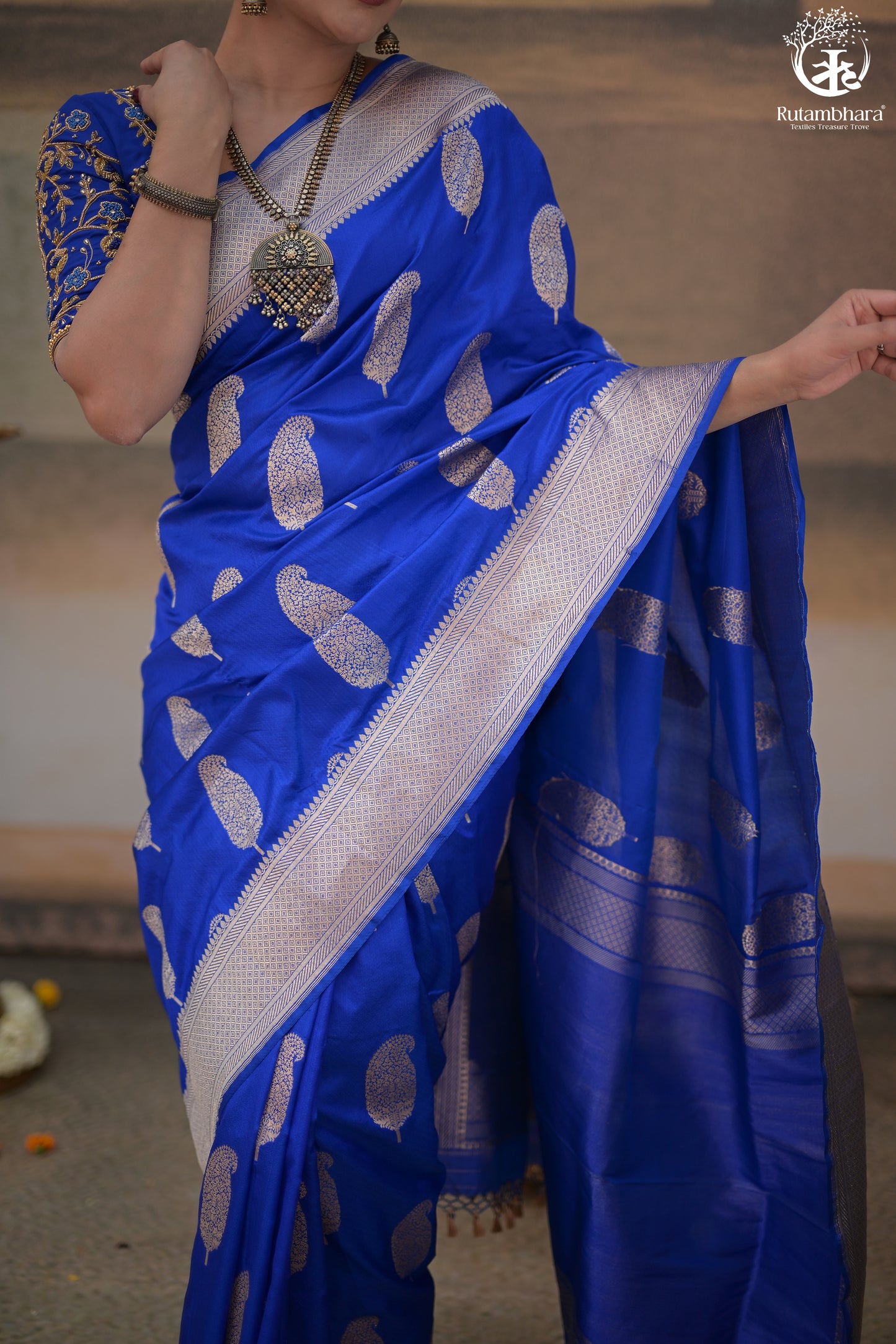 Noushk - Royal Blue Banarasi Saree With Silver Zari  Paisley Motifs