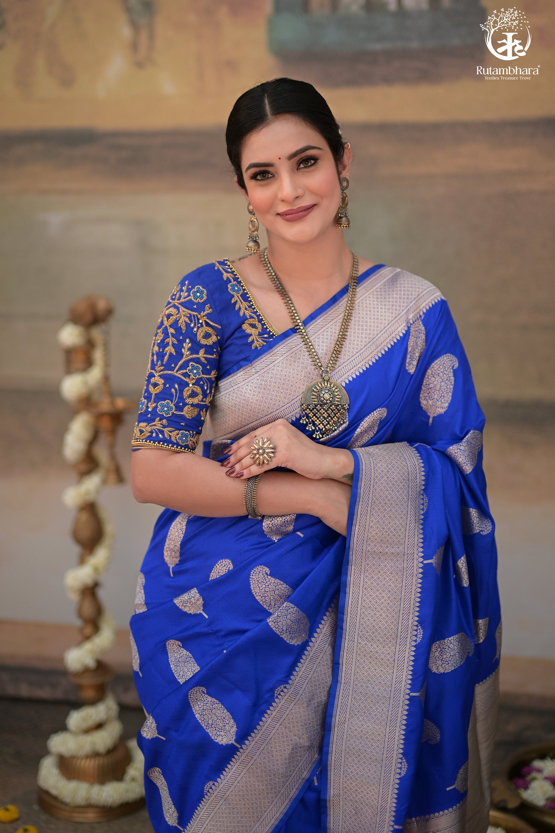 Noushk - Royal Blue Banarasi Saree With Silver Zari Paisley Motifs-Rutambhara-RUTAMBHARA