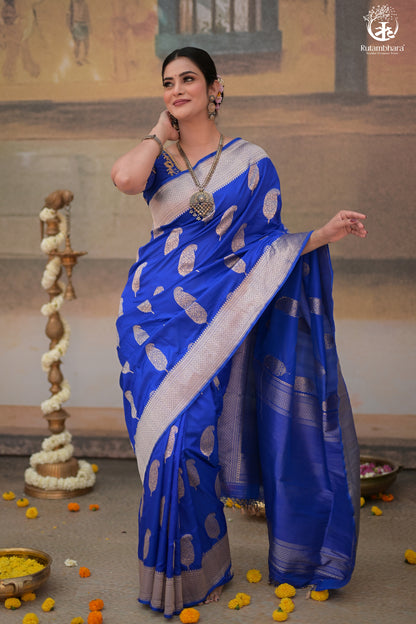 Noushk - Royal Blue Banarasi Saree With Silver Zari Paisley Motifs-Rutambhara-RUTAMBHARA