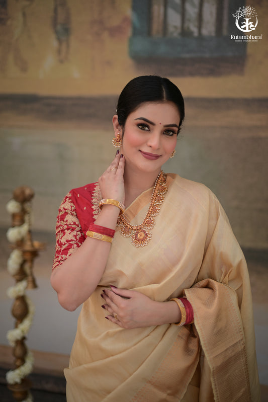 Bhadra - Beige Plain Handwoven And Handspun Silk Saree With Gold Zari Border