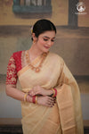 Bhadra - Beige Plain Handwoven And Handspun Silk Saree With Gold Zari Border