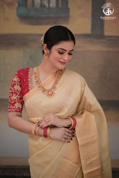 Bhadra - Beige Plain Handwoven And Handspun Silk Saree With Gold Zari Border-Rutambhara-RUTAMBHARA