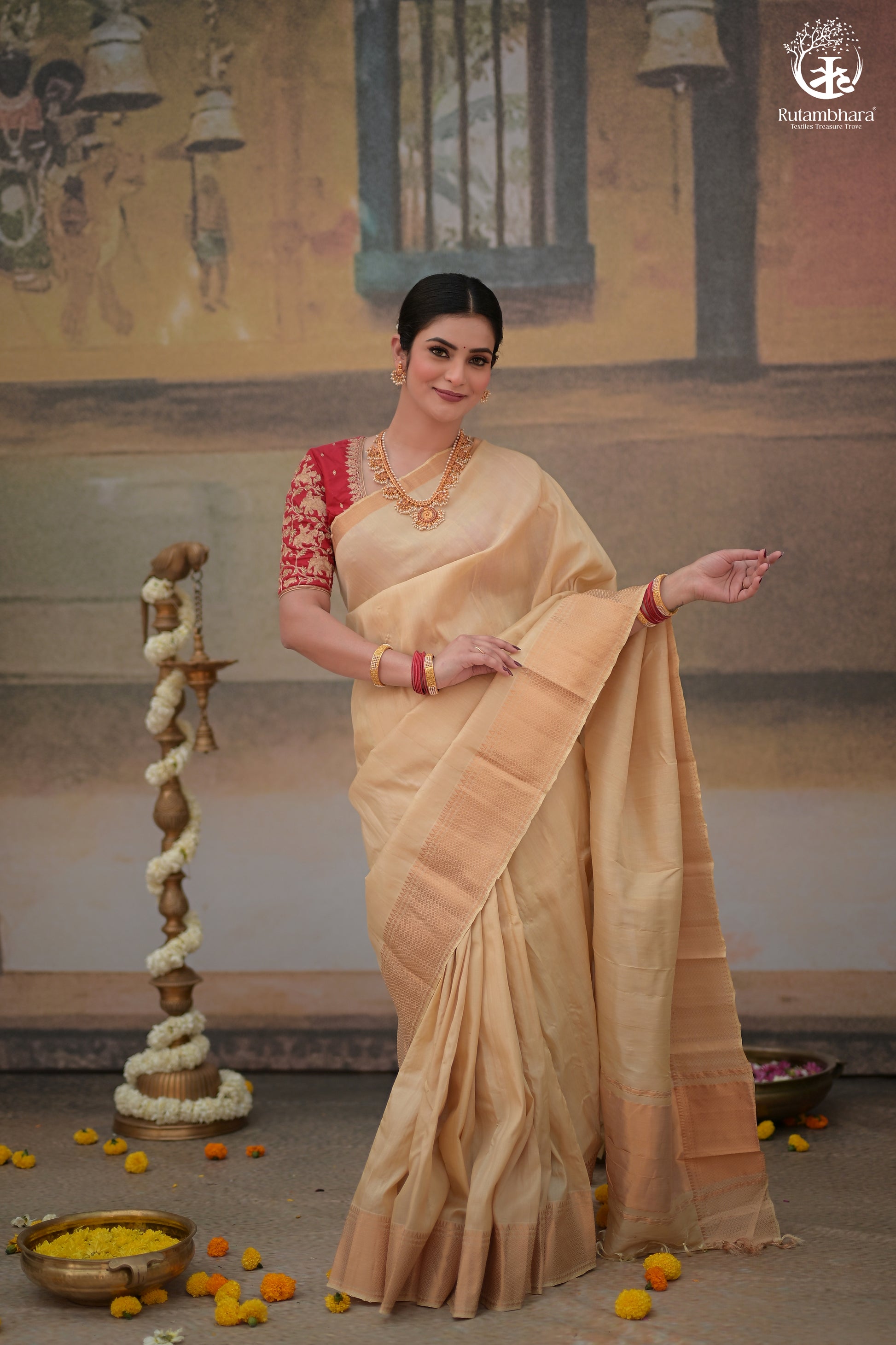 Bhadra - Beige Plain Handwoven And Handspun Silk Saree With Gold Zari Border-Rutambhara-RUTAMBHARA