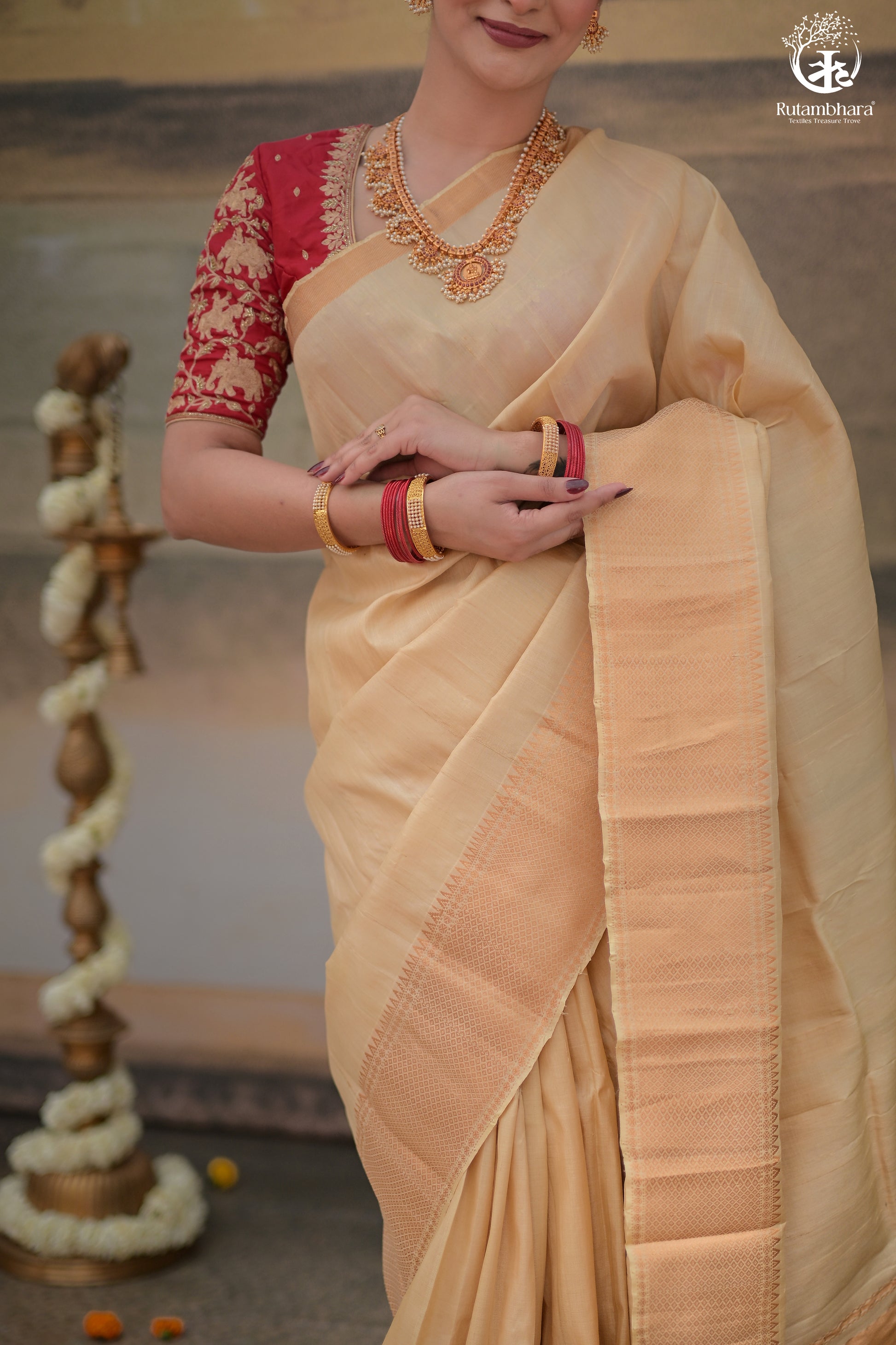 Bhadra - Beige Plain Handwoven And Handspun Silk Saree With Gold Zari Border-Rutambhara-RUTAMBHARA