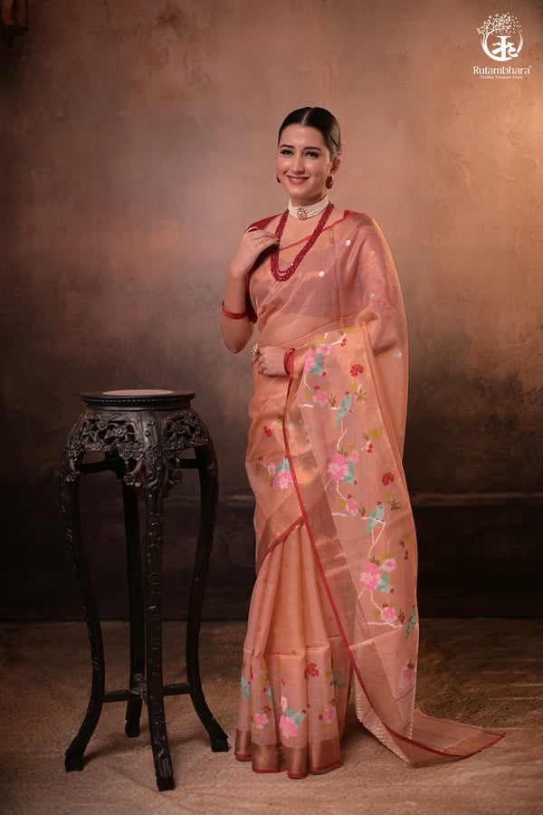 Aliyah - Pastel Peach Handwoven Zari Tissue Kota Saree With Red Blouse-Rutambhara-RUTAMBHARA