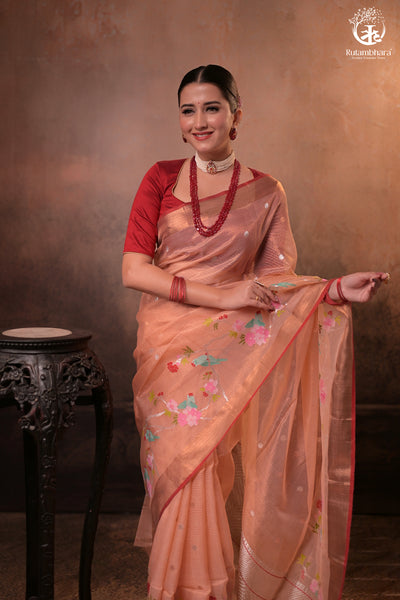 Aliyah - Pastel Peach Handwoven Zari Tissue Kota Saree With Red Blouse-Rutambhara-RUTAMBHARA