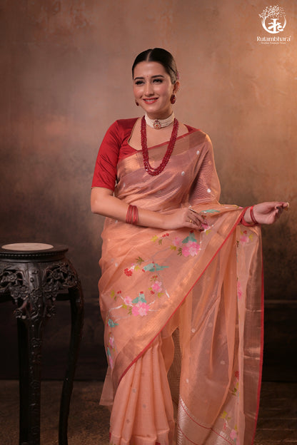 Aliyah - Pastel Peach Handwoven Zari Tissue Kota Saree With Red Blouse-Rutambhara-RUTAMBHARA