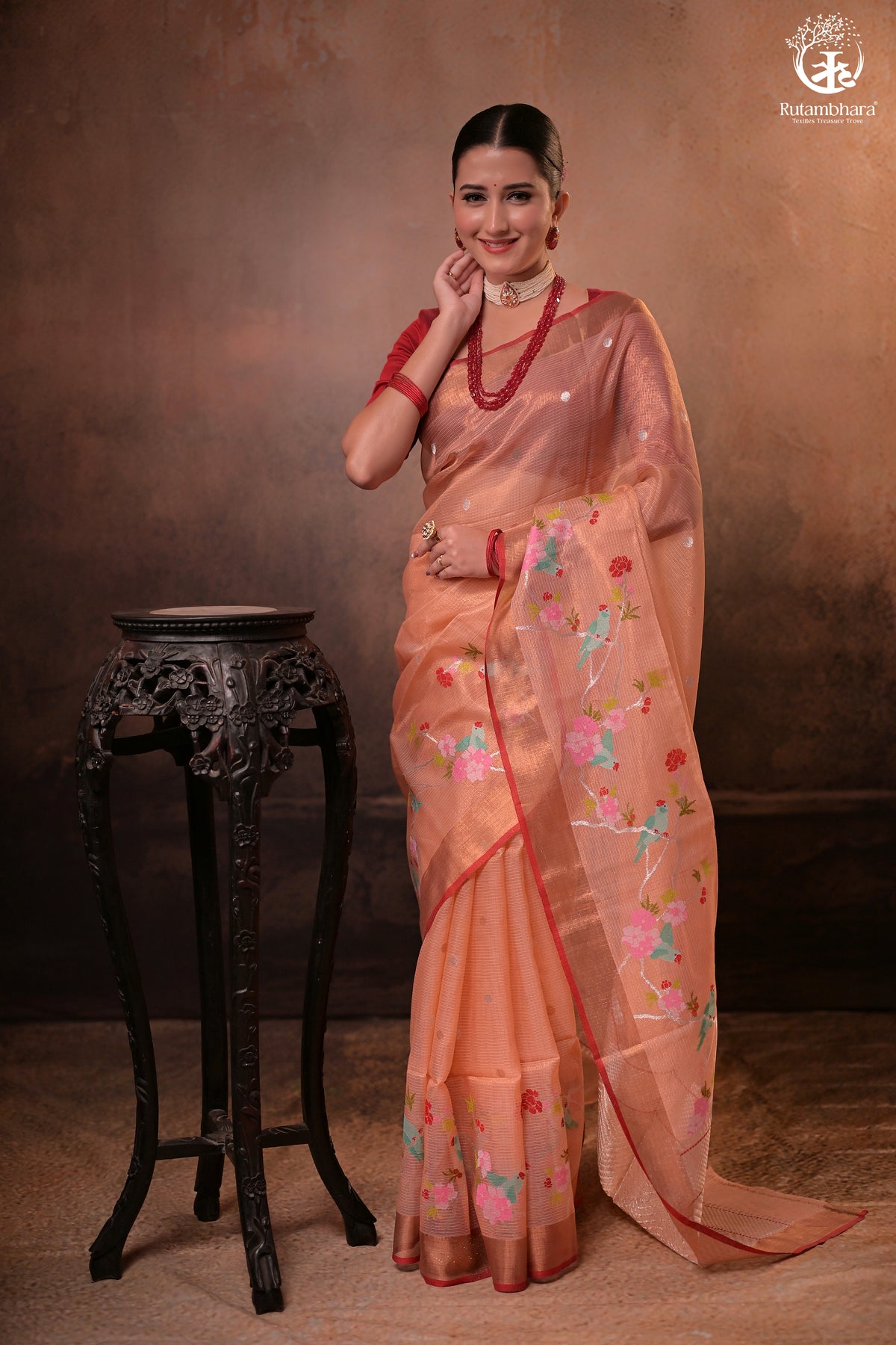 Aliyah - Pastel Peach Handwoven Zari Tissue Kota Saree With Red Blouse