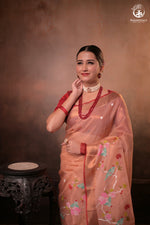 Aliyah - Pastel Peach Handwoven Zari Tissue Kota Saree With Red Blouse-Rutambhara-RUTAMBHARA