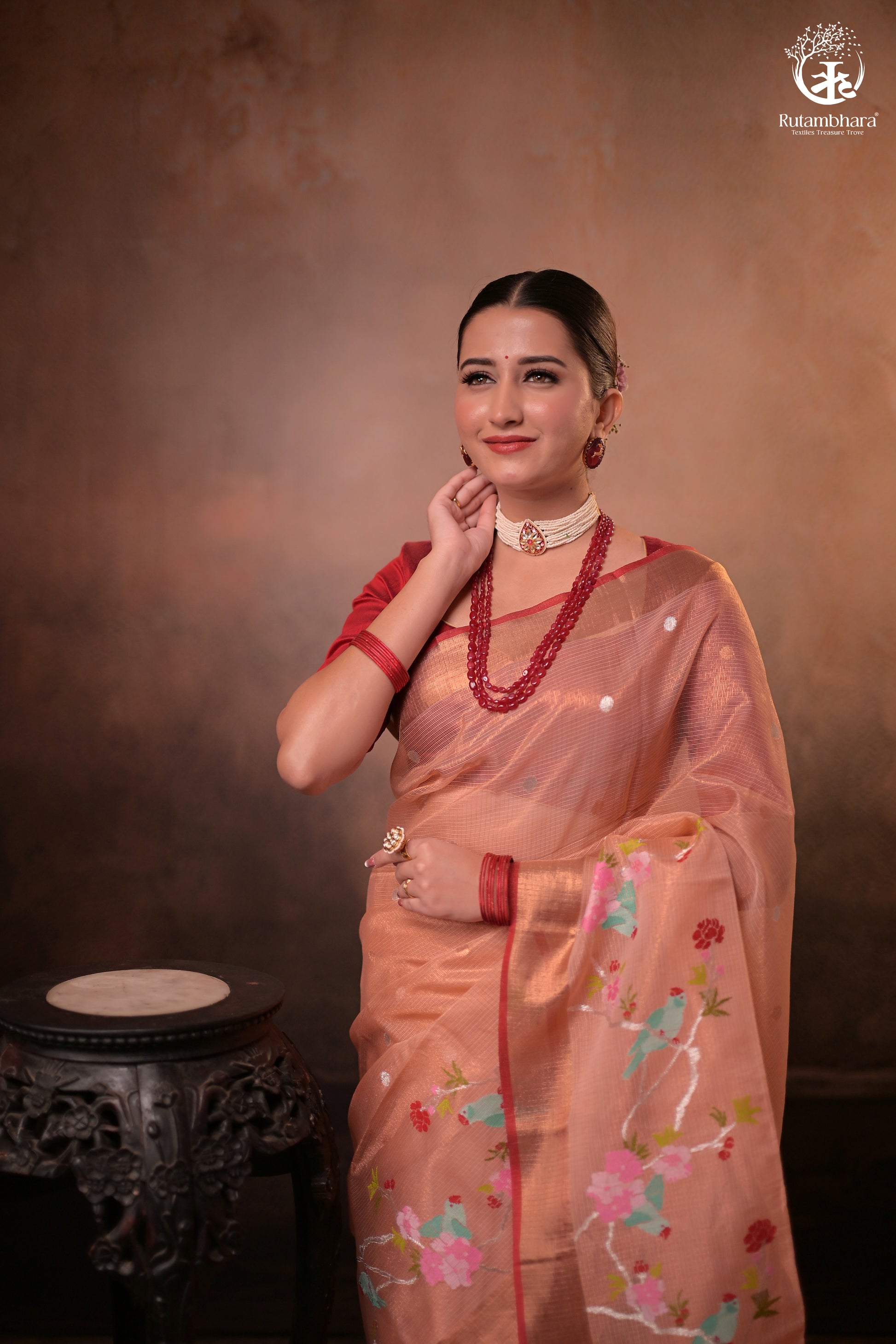 Aliyah - Pastel Peach Handwoven Zari Tissue Kota Saree With Red Blouse-Rutambhara-RUTAMBHARA