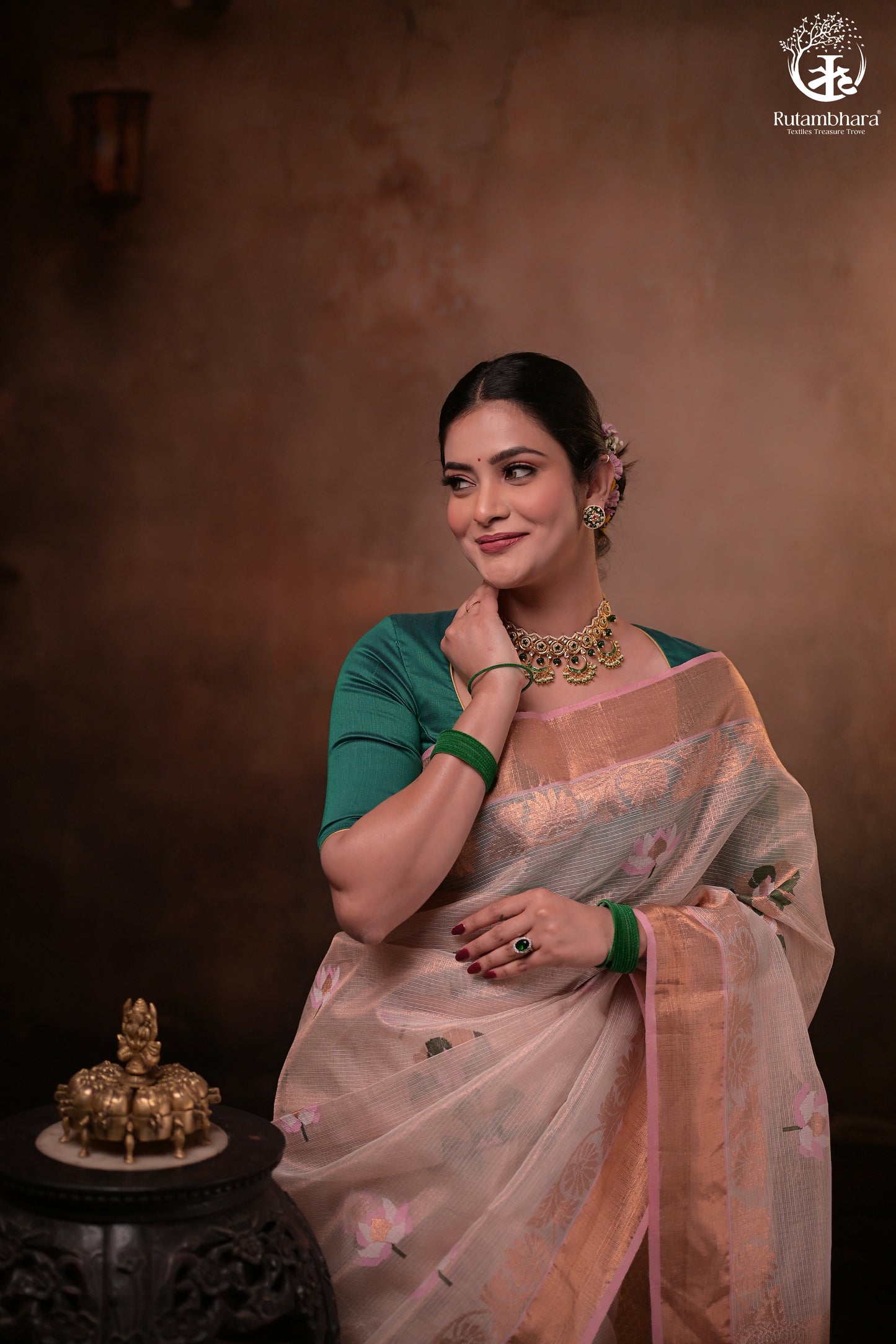 Aliyah - Beige Baby Pink Handwoven Zari Tissue Kota Saree With Soft Pink Blouse