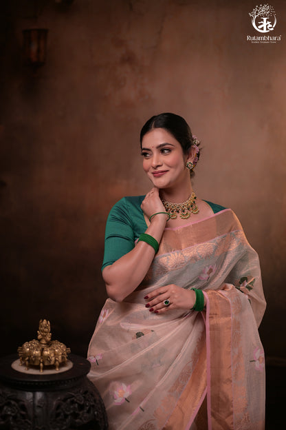 Aliyah - Beige Baby Pink Handwoven Zari Tissue Kota Saree With Soft Pink Blouse-Rutambhara-RUTAMBHARA