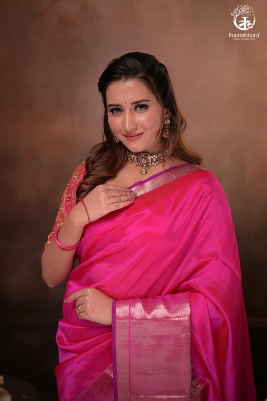 Bhadra - Pink Plain Handwoven Silk Saree With Silver Zari Border