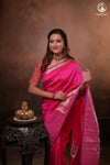 Bhadra - Pink Plain Handwoven Silk Saree With Silver Zari Border