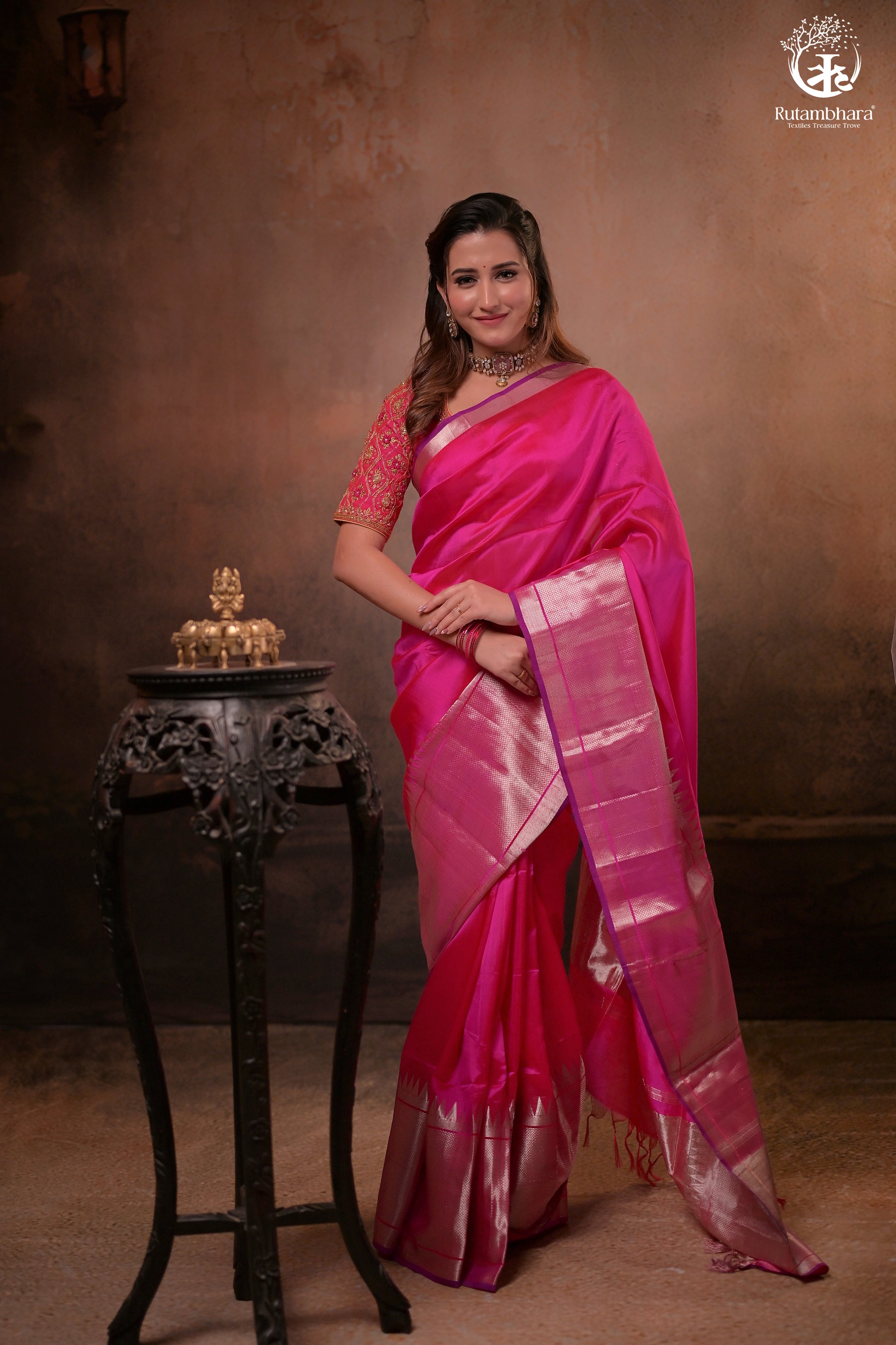 Bhadra - Pink Plain Handwoven Silk Saree With Silver Zari Border-Rutambhara-RUTAMBHARA