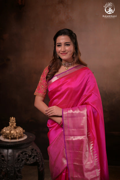 Bhadra - Pink Plain Handwoven Silk Saree With Silver Zari Border-Rutambhara-RUTAMBHARA