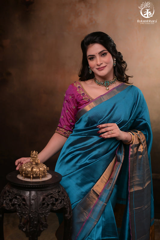 BHADRA - BLUE PLAIN HANDWOVEN SILK SAREE WITH GOLD ZARI BORDER