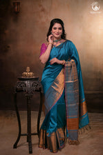 BHADRA - BLUE PLAIN HANDWOVEN SILK SAREE WITH GOLD ZARI BORDER-Rutambhara-RUTAMBHARA