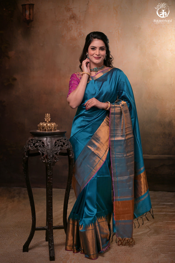 BHADRA - BLUE PLAIN HANDWOVEN SILK SAREE WITH GOLD ZARI BORDER-Rutambhara-RUTAMBHARA