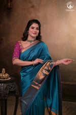 BHADRA - BLUE PLAIN HANDWOVEN SILK SAREE WITH GOLD ZARI BORDER-Rutambhara-RUTAMBHARA
