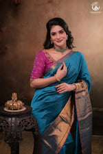 BHADRA - BLUE PLAIN HANDWOVEN SILK SAREE WITH GOLD ZARI BORDER-Rutambhara-RUTAMBHARA