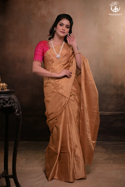 Swarvi - Lustrous Gold Handwoven Chanderi Tissue Saree-RUTAMBHARA-RUTAMBHARA