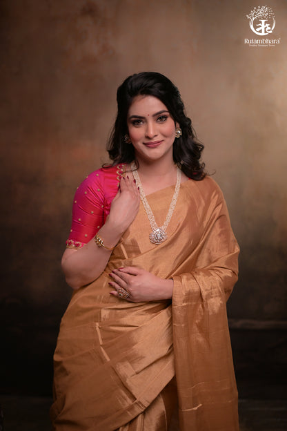 Swarvi - Lustrous Gold Handwoven Chanderi Tissue Saree-RUTAMBHARA-RUTAMBHARA