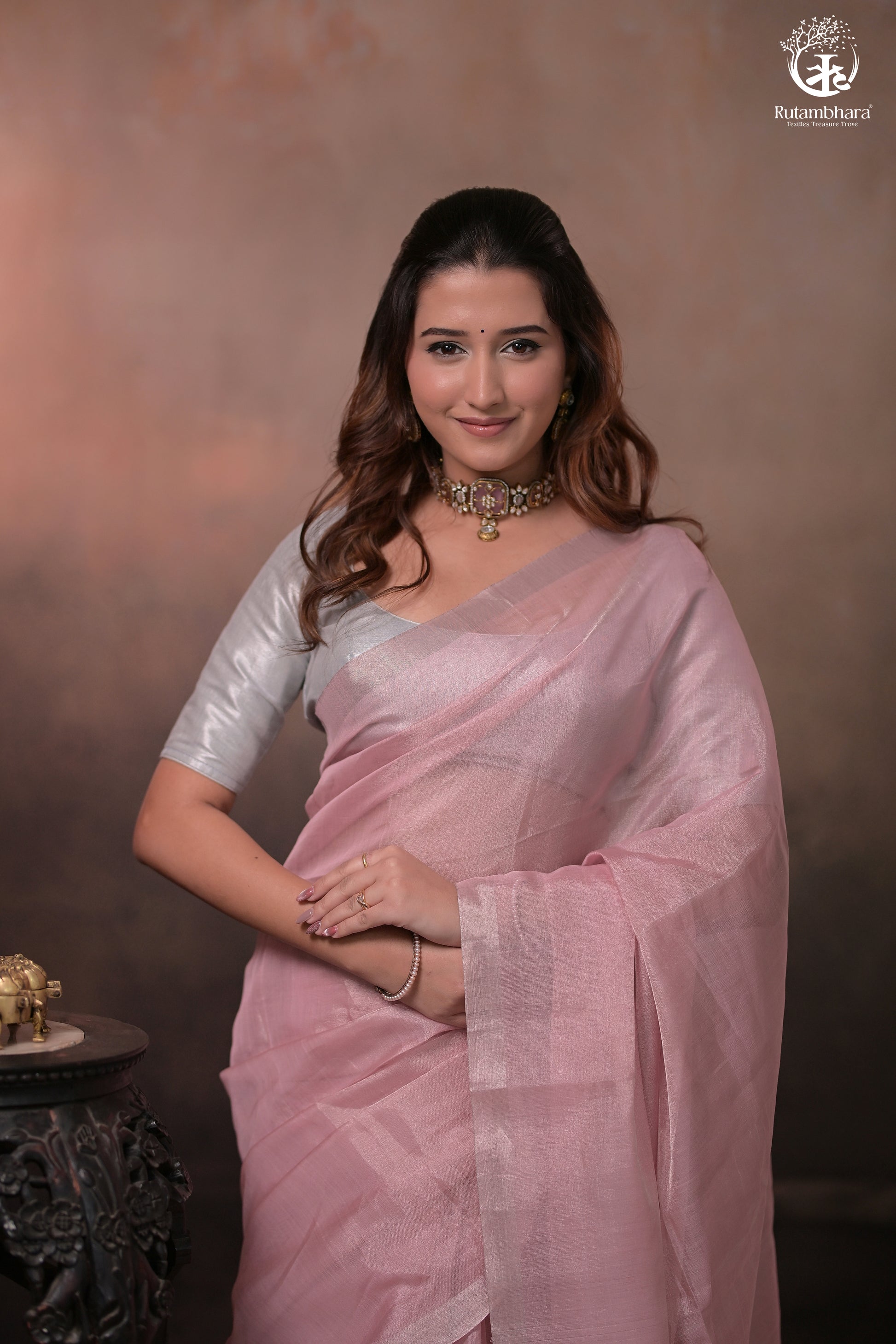 Swarvi - Elegance in Every Thread – Two Taar Chanderi Tissue Saree in Pastel Pink-RUTAMBHARA -RUTAMBHARA