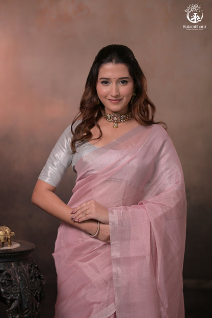 Swarvi - Elegance in Every Thread – Two Taar Chanderi Tissue Saree in Pastel Pink-RUTAMBHARA -RUTAMBHARA