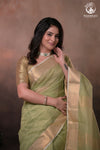 Narmaa - Pastel Green Gold Tissue Checks With Lehar Border Silk Cotton Saree