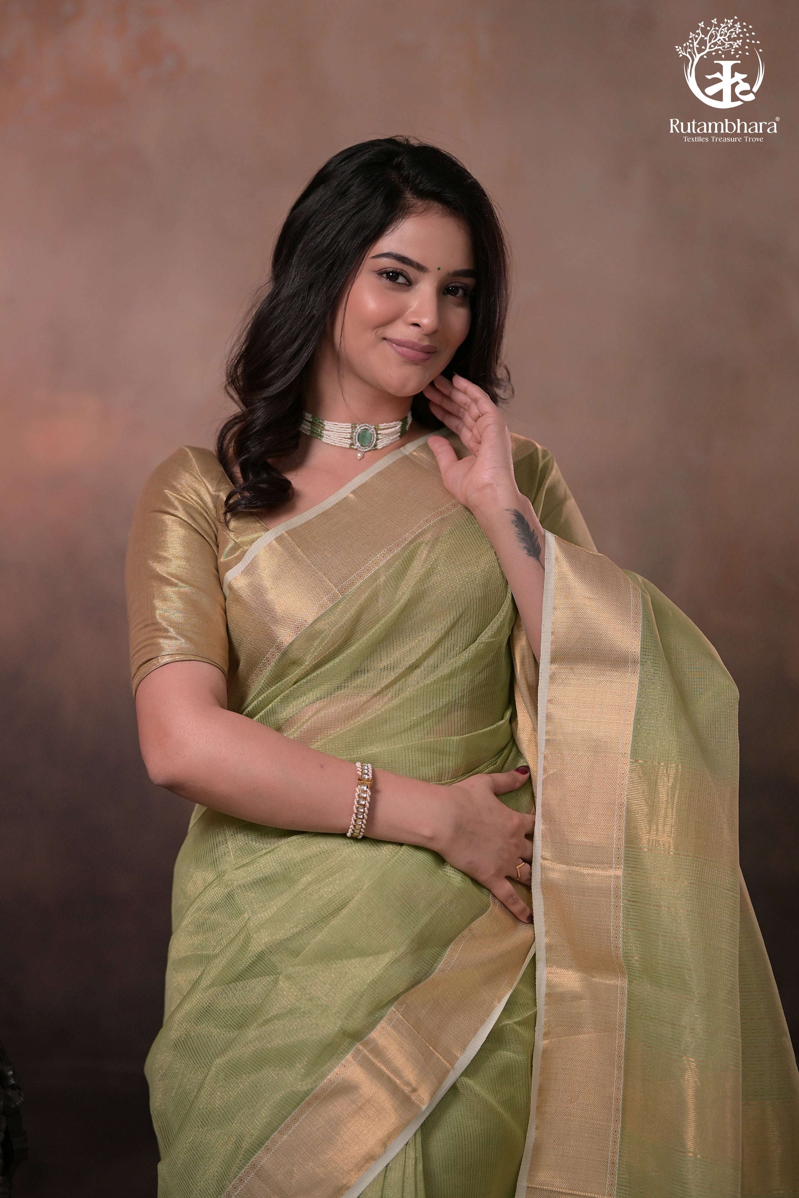 Narmaa - Pastel Green Gold Tissue Checks With Lehar Border Silk Cotton Saree