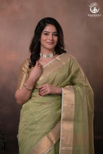 Narmaa - Pastel Green Gold Tissue Checks With Lehar Border Silk Cotton Saree-Rutambhara-RUTAMBHARA
