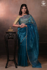 Swarvi - Lustrous Blue Handwoven Chanderi Silk Tissue Saree-RUTAMBHARA-RUTAMBHARA