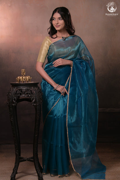 Swarvi - Lustrous Blue Handwoven Chanderi Silk Tissue Saree-RUTAMBHARA-RUTAMBHARA