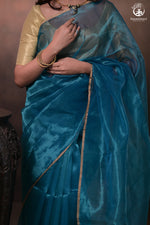 Swarvi - Lustrous Blue Handwoven Chanderi Silk Tissue Saree-RUTAMBHARA-RUTAMBHARA