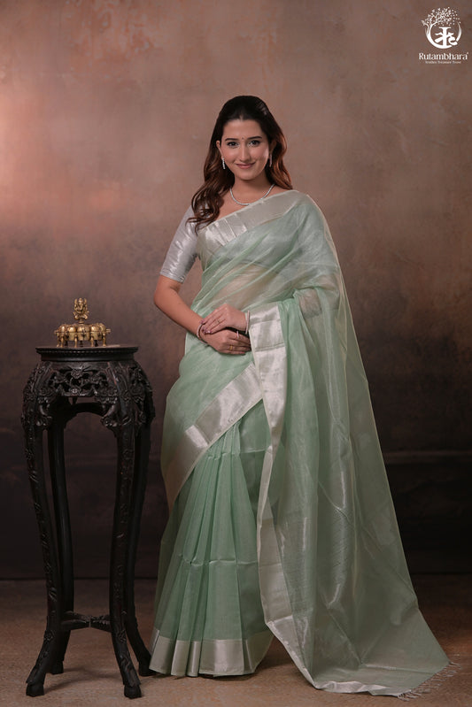 Narmaa - Silver Tissue Checks Pastel Green With Silver Lehar Border Saree
