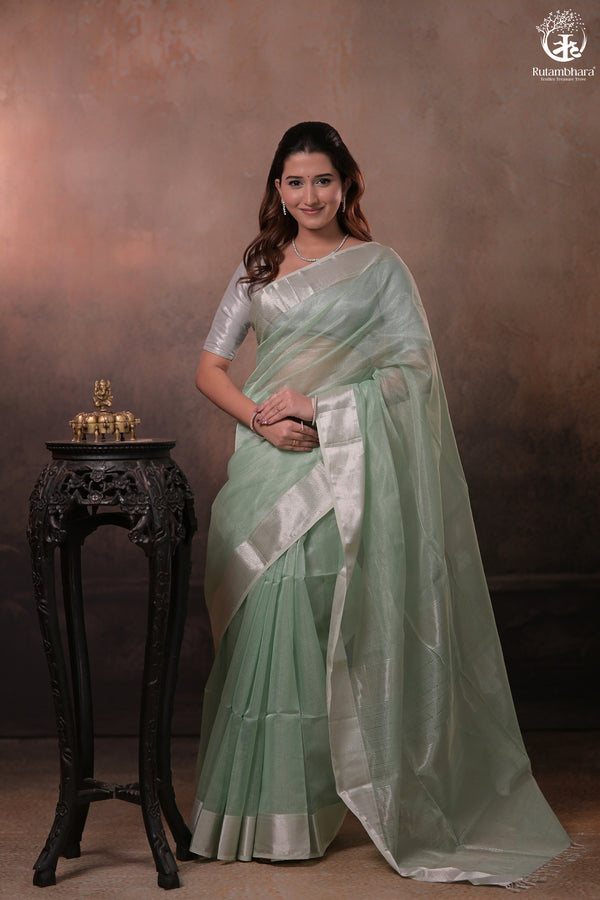 Narmaa - Silver Tissue Checks Pastel Green With Silver Lehar Border Saree-Rutambhara-RUTAMBHARA