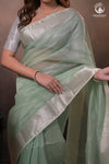 Narmaa - Silver Tissue Checks Pastel Green With Silver Lehar Border Saree