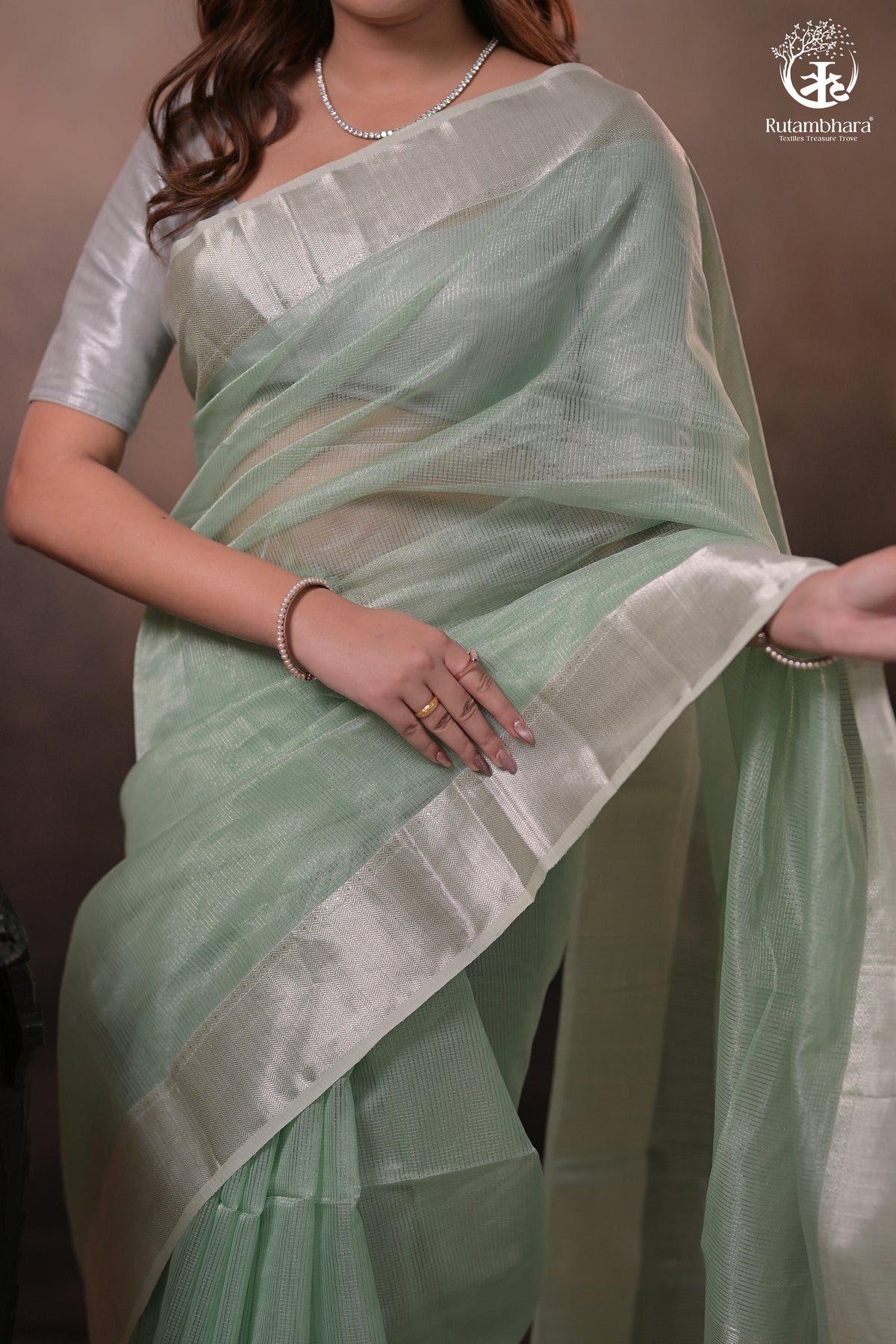 Narmaa - Silver Tissue Checks Pastel Green With Silver Lehar Border Saree