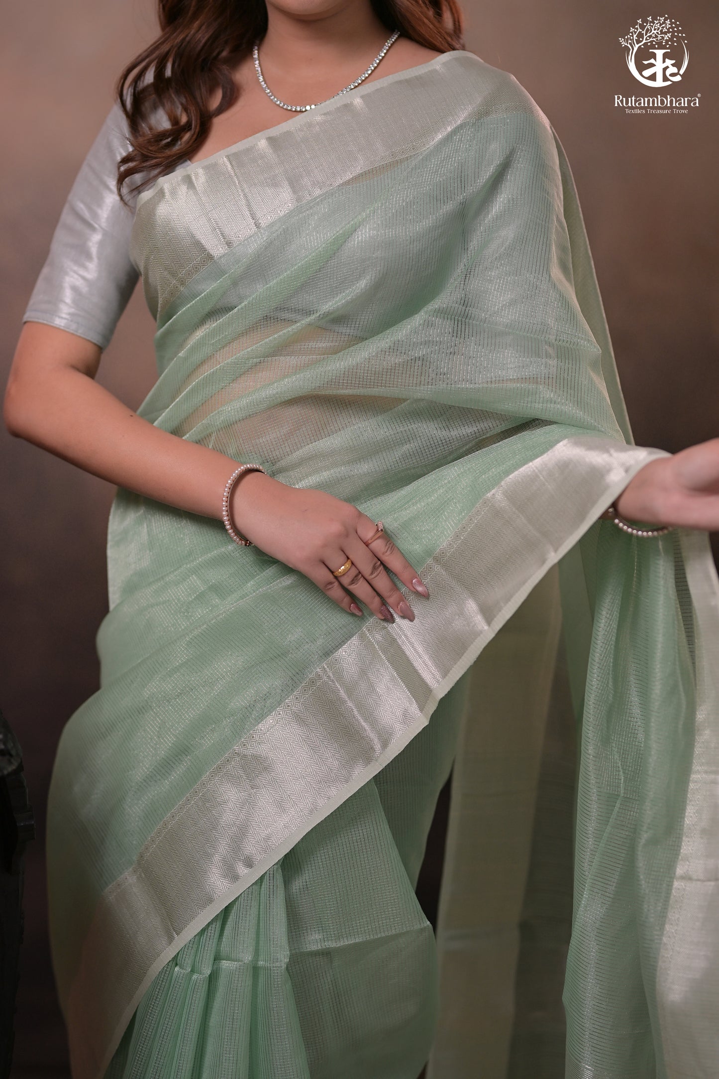 Narmaa - Silver Tissue Checks Pastel Green With Silver Lehar Border Saree