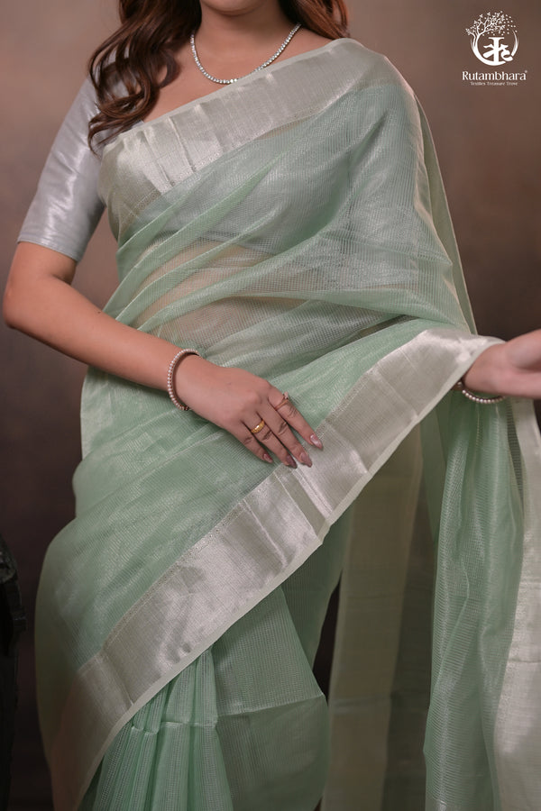 Narmaa - Silver Tissue Checks Pastel Green With Silver Lehar Border Saree-Rutambhara-RUTAMBHARA