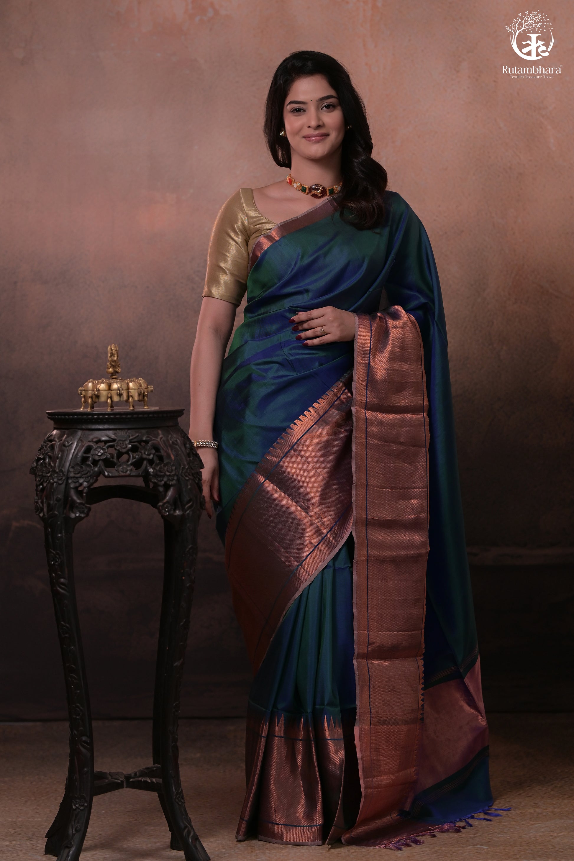 Bhadra - Teal Blue Plain Handwoven Silk Saree With Copper Zari Border-Rutambhara-RUTAMBHARA