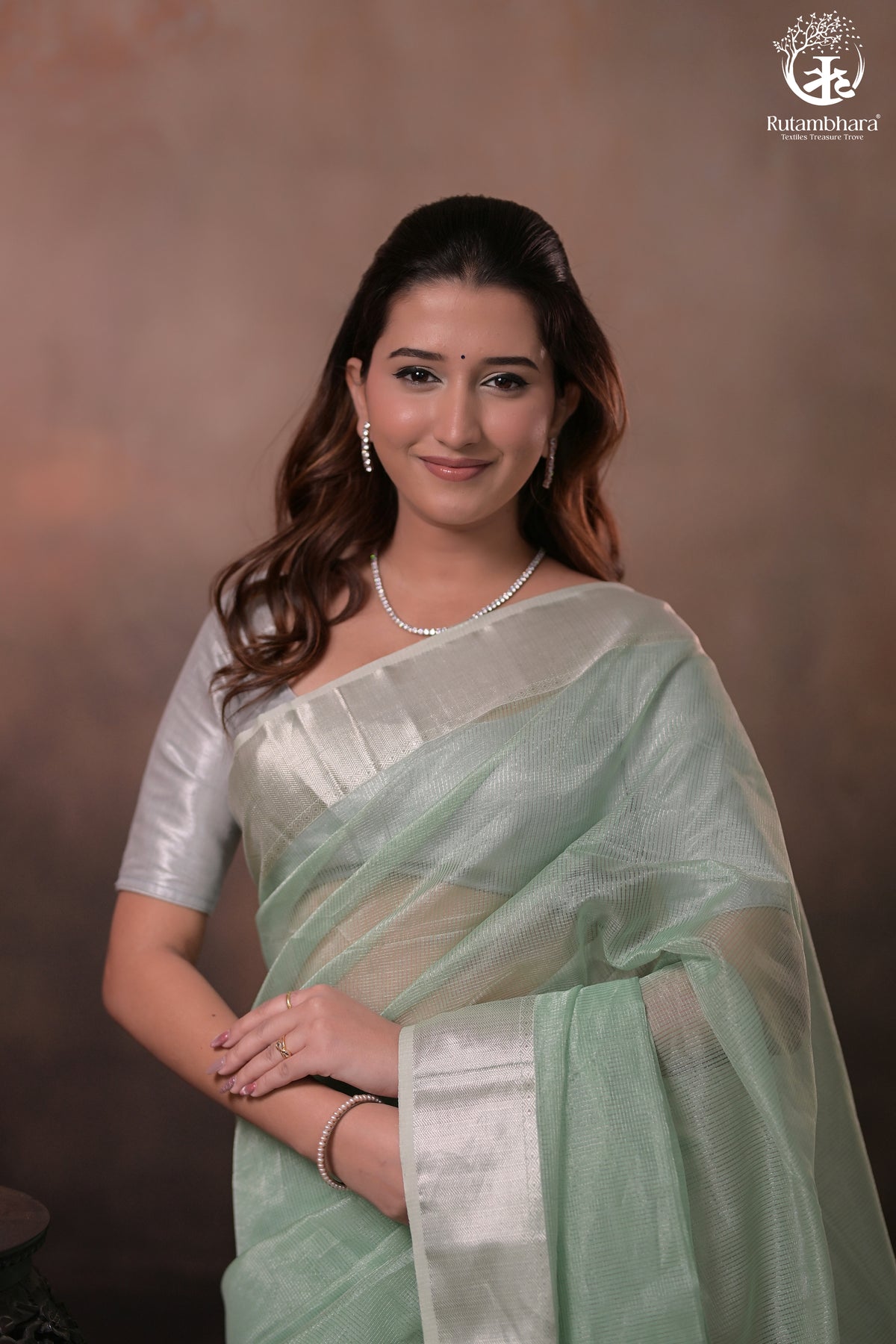 Narmaa - Silver Tissue Checks Pastel Green With Silver Lehar Border Saree